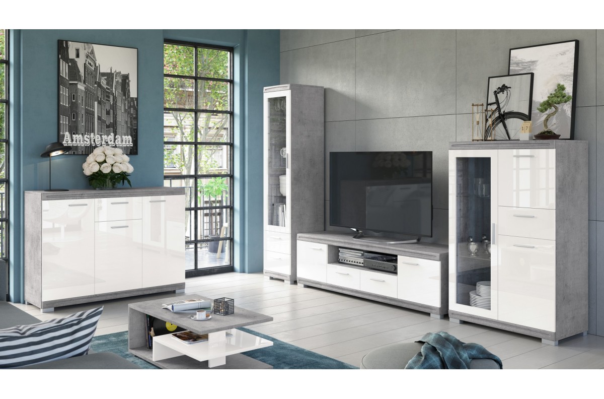 SIMPLE KWD3SZ1 Kumode "Millenium Concrete"/Gleznīgi balta - Vitrīnas plaukts, viesistabas skapītis, spīdīgs stikls — изображение 2
