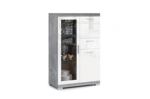 SIMPLE KWD3SZ1 Kumode “Millenium Concrete”/Gleznīgi balta – Vitrīnas plaukts, viesistabas skapītis, spīdīgs stikls