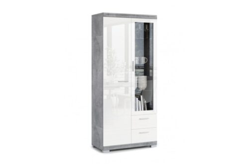 Augsta kumode SIMPLE KWD2SZ2 Millenium Concrete/White Glancēts – DZĪVOJAMĀ ISTABA PLAUKTS PLAUKTS SKAPIS