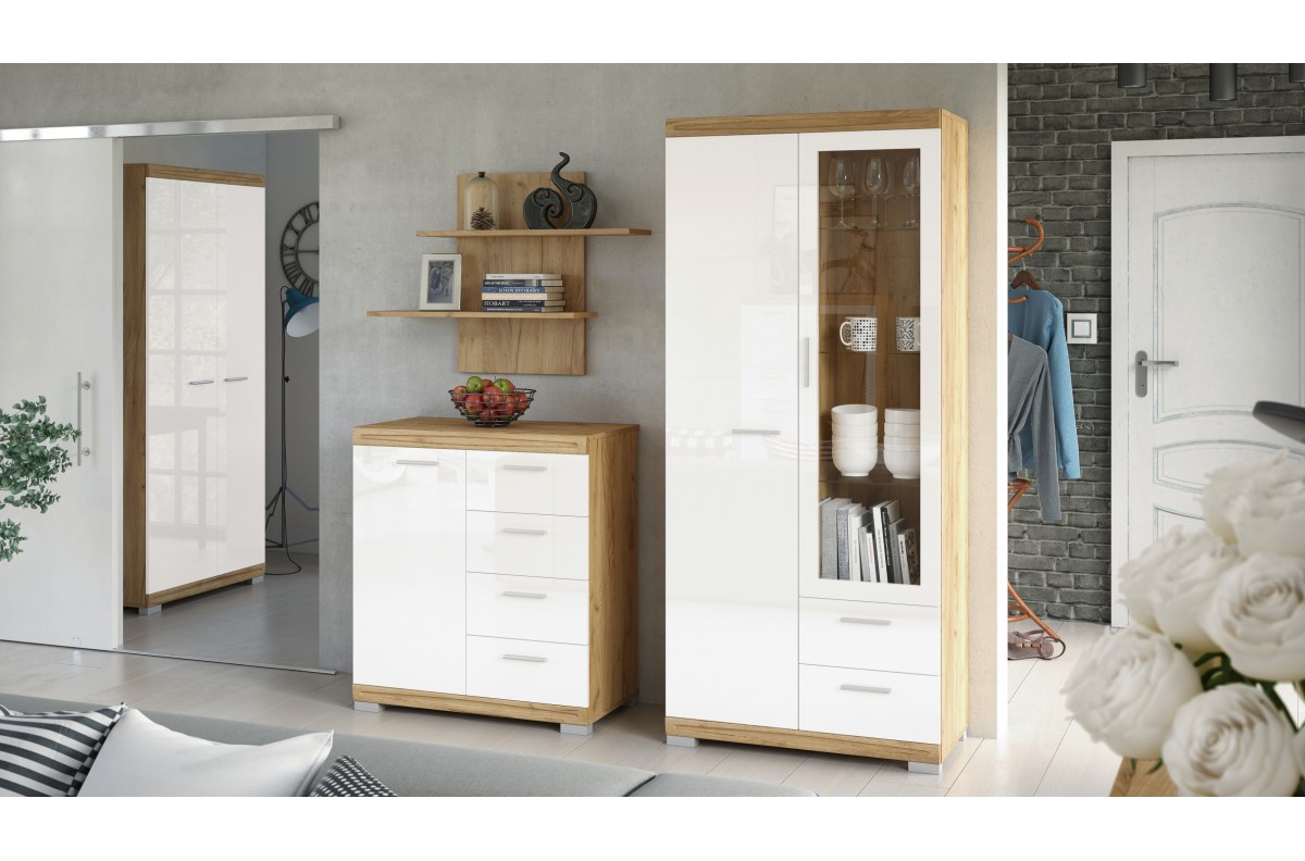Augsta kumode SIMPLE KWD2SZ2 Craft ozols zelta/balts spīdīgs - DZĪVOJAMĀ ISTABA PLAUKTS PLAUKTS SKAPIS — изображение 2