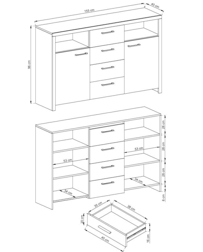 Augsta kumode "Sky SK155", ar durvīm, atvilktnēm, nišām, "Riviera Oak" — 6 attēls