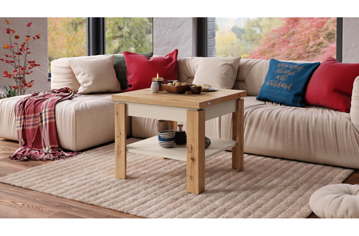LEO Artisan Oak/Beige (Champagne) - KOMPAKTS KAFIJAS GALDIŅŠ AR IZVIETOJAMU VIRSMU — 2 attēls