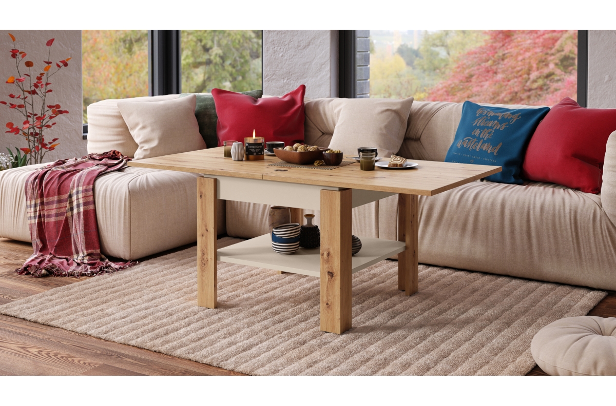 LEO Artisan Oak/Beige (Champagne) - KOMPAKTS KAFIJAS GALDIŅŠ AR IZVIETOJAMU VIRSMU — 3 attēls