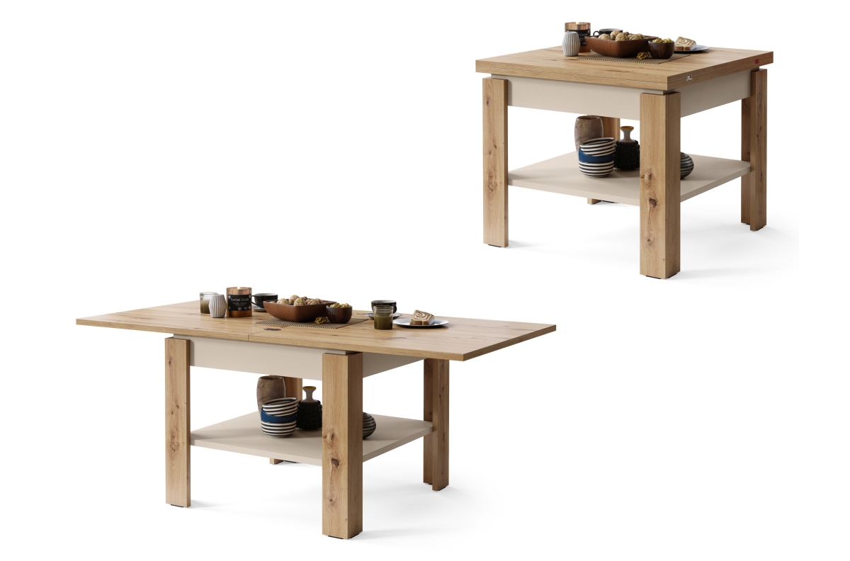 LEO Artisan Oak/Beige (Champagne) - KOMPAKTS KAFIJAS GALDIŅŠ AR IZVIETOJAMU VIRSMU