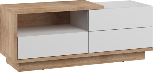 BRITA 20 mēbeles, kumode, galds, TV skapis ar atvilktni, Sonoma ozols, balta spīdīga krāsa