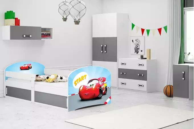 LUKI 1 vienvietīga bērnu gulta 80x160 ar matraci un uzglabāšanas kasti, automašīna, balta
