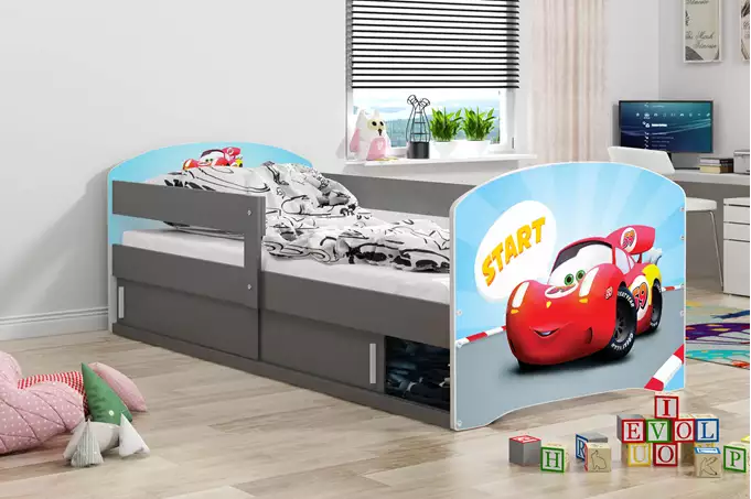 LUKI 1 vienvietīga bērnu gulta 80x160 ar matraci un uzglabāšanas kasti, automašīnai, grafīta krāsā