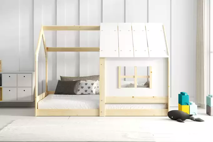 Bērnu mājas gulta ar baldahīnu, izgatavota no dabīga koka 80x160 - Image 3