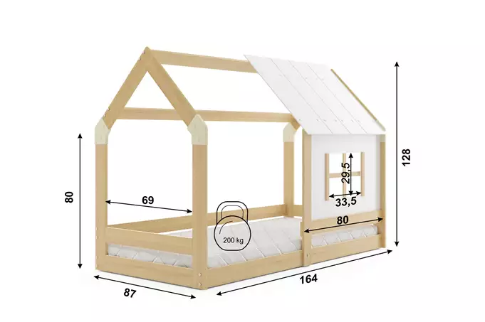 Bērnu mājas gulta ar baldahīnu, izgatavota no dabīga koka 80x160 - Image 4
