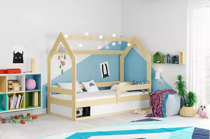 Vienvietīga bērnu gulta HOUSE 80x160 ar matraci un uzglabāšanas kasti, priede