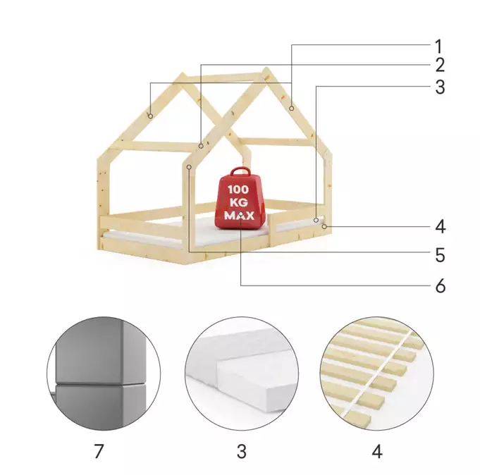 Vienvietīga bērnu gulta DOMEK 80x160 ar matraci, dabīgs koks — изображение 3