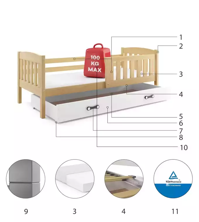 KUBUS vienvietīga bērnu gulta 80x160 ar atvilktni, priede/balta — изображение 6