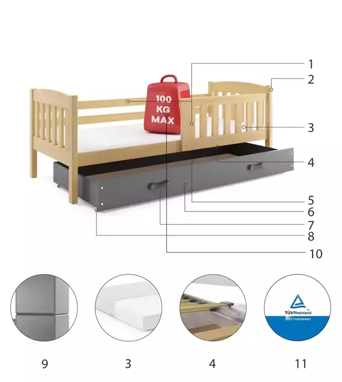 KUBUS vienvietīga bērnu gulta 80x160 ar atvilktni, priede/grafīts — изображение 6