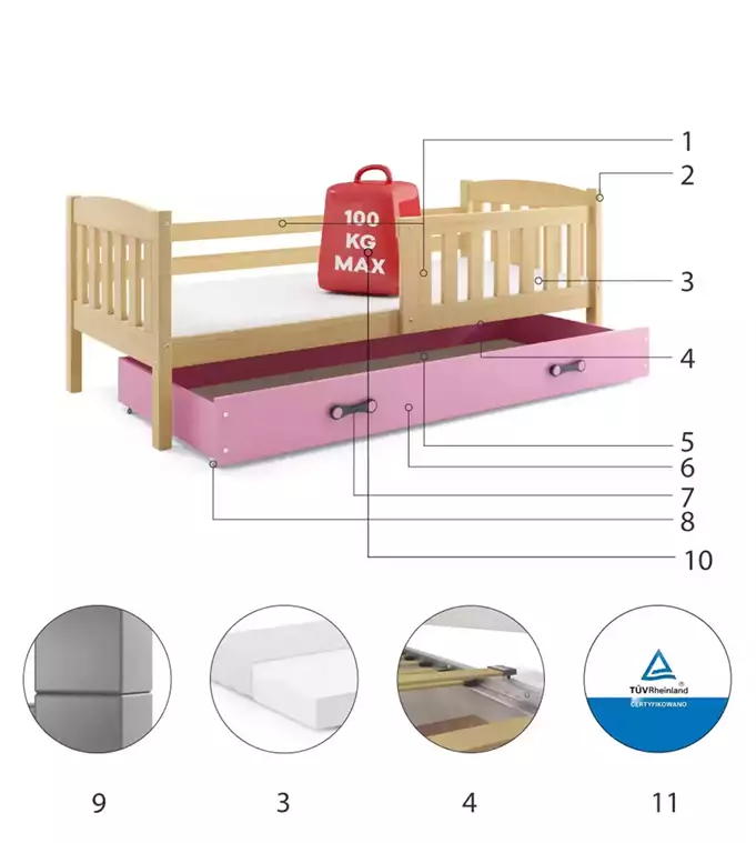 KUBUS vienvietīga bērnu gulta 80x160 ar atvilktni, priede/rozā — изображение 6