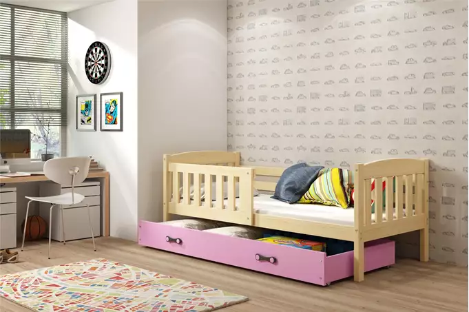 KUBUS vienvietīga bērnu gulta 80x160 ar atvilktni, priede/rozā — изображение 3