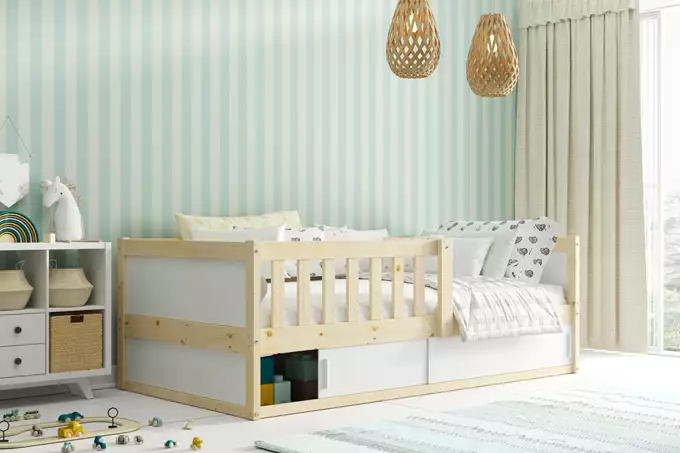 SMART 2 vienvietīga bērnu gulta 80x160 ar uzglabāšanas kasti, dabīgs koks