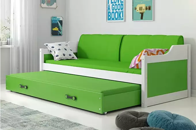 DAWID 90X200 jauniešu saliekamā gulta ar matraci un atvilktni, balta/zaļa
