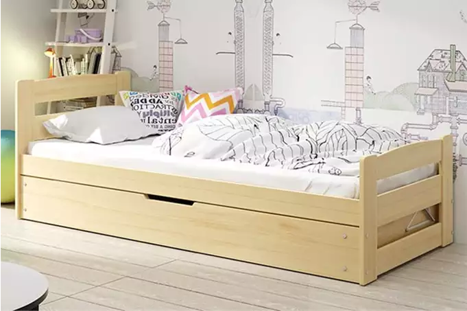 ERNI 90X200 vienvietīga jauniešu gulta ar matraci un uzglabāšanas kasti, priede