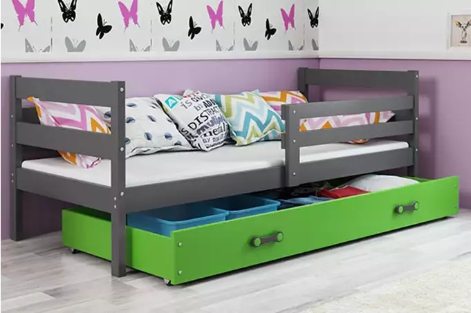ERYK 80X190 vienvietīga jauniešu gulta ar atvilktni, grafīta/zaļa