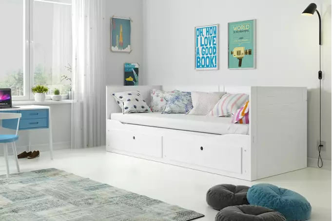 HERMES 80X200 jauniešu divvietīga saliekamā gulta ar matraci un atvilktni, balta