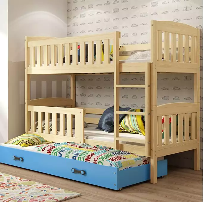 KUBUŚ 3 personu jauniešu gulta 90x200 ar atvilktni, priede/zila