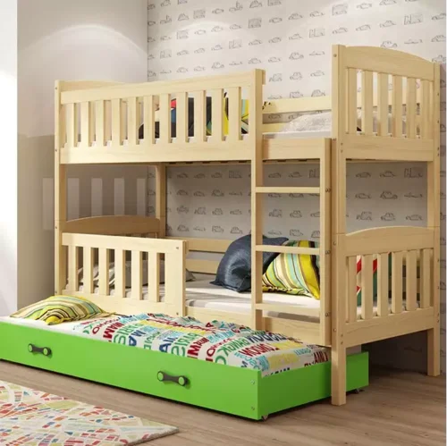 KUBUŚ 3 personu jauniešu gulta 90×200 ar matraci un atvilktni, priede/zaļa