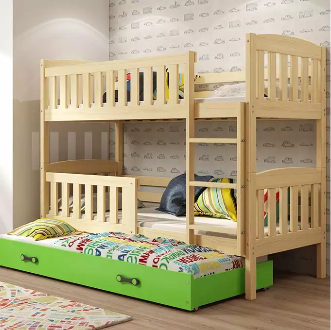 KUBUŚ 3 personu jauniešu gulta 90x200 ar matraci un atvilktni, priede/zaļa