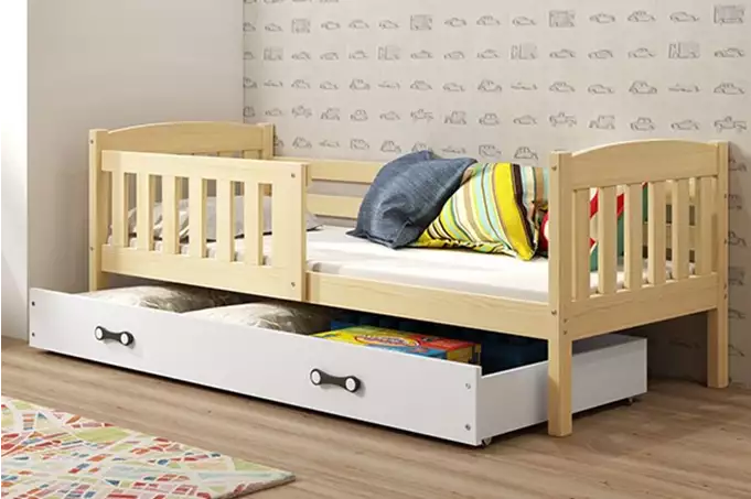 KUBUS vienvietīga jauniešu gulta 90x200 ar atvilktni, priede/balta