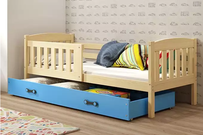 KUBUS vienvietīga jauniešu gulta 80x190 ar atvilktni, priede/zila