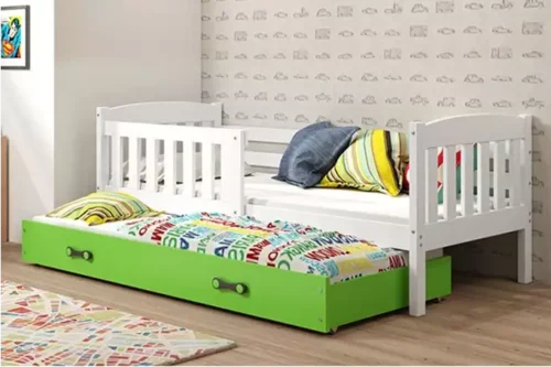 KUBUŚ jauniešu saliekamā gulta 90×200 ar matraci un atvilktni, balta/zaļa