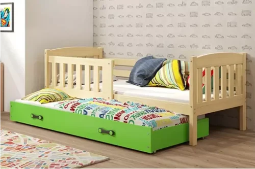 KUBUŚ jauniešu saliekamā gulta 90×200 ar atvilktni, priede/zaļa