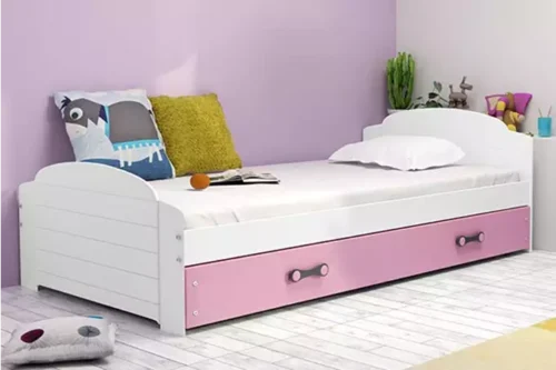 LILI vienvietīga jauniešu gulta 90×200 ar matraci un atvilktni, balta/rozā