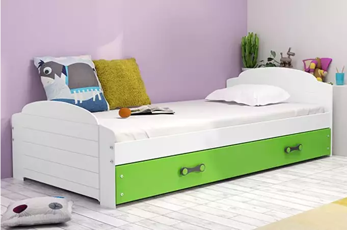 LILI vienvietīga jauniešu gulta 90x200 ar atvilktni, balta/zaļa