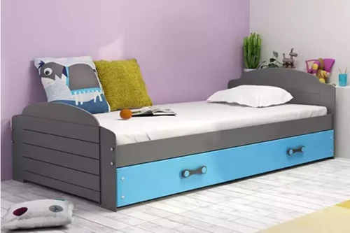 LILI vienvietīga jauniešu gulta 90×200 ar matraci un atvilktni, grafīta/zila