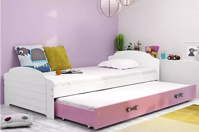 LILI 90x200 izvelkama jauniešu gulta ar atvilktni, balta/rozā