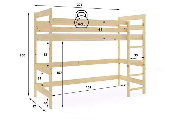 Divstāvu gulta jauniešiem, mezanīns, 90x200, dabīgs koks — 2 attēls