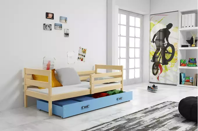 ERYK 80X190 vienvietīga jauniešu gulta ar matraci un atvilktni, priede/zila — изображение 5