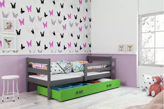 ERYK 80X190 vienvietīga jauniešu gulta ar atvilktni, grafīta/zaļa — изображение 3