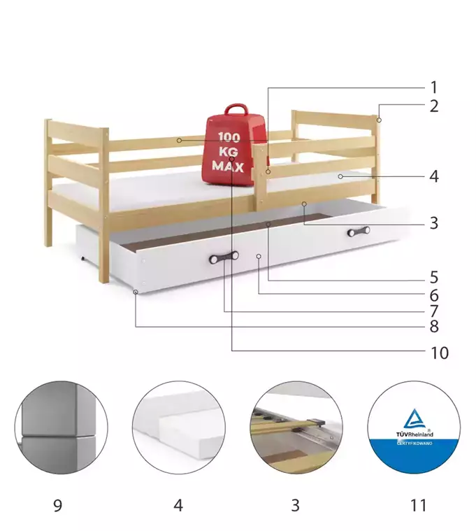 ERYK vienvietīga jauniešu gulta 80x190 ar atvilktni, priede/balta — 6 attēls