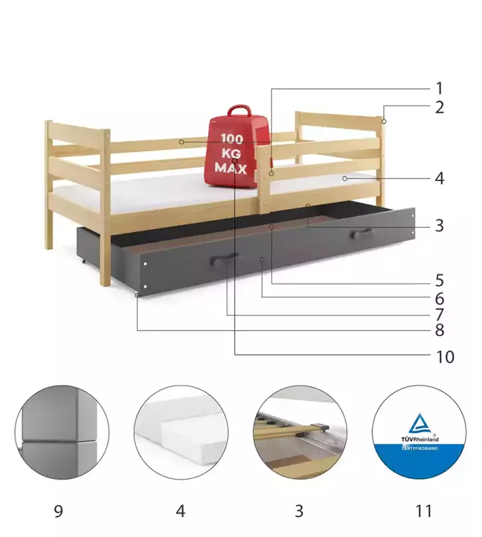 ERYK 80X190 vienvietīga jauniešu gulta ar atvilktni, priede/grafīts — 6 attēls