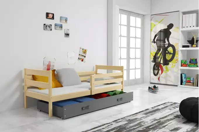 ERYK 80X190 vienvietīga jauniešu gulta ar atvilktni, priede/grafīts — 3 attēls