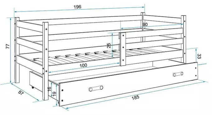 ERYK 80X190 vienvietīga jauniešu gulta ar atvilktni, priede/grafīts — 5 attēls