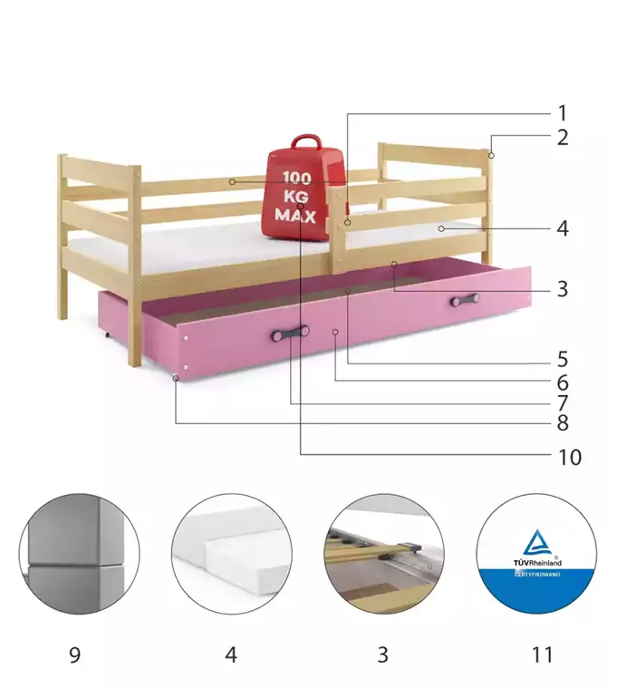 ERYK vienvietīga jauniešu gulta 90x200 ar atvilktni, priede/rozā — изображение 6