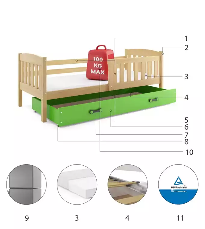 KUBUS vienvietīga jauniešu gulta 90x190 ar atvilktni, priede/zaļa — изображение 6
