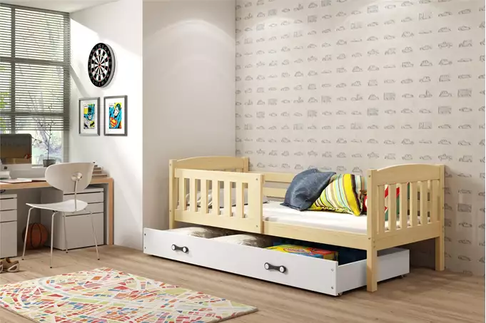 KUBUS vienvietīga jauniešu gulta 90x200 ar atvilktni, priede/balta — изображение 4