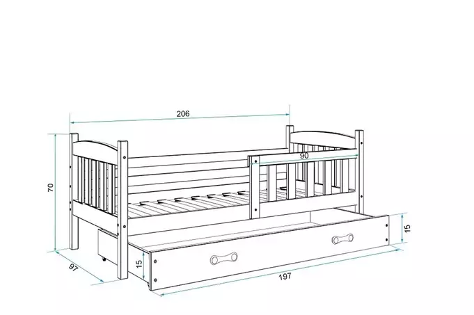 KUBUS vienvietīga jauniešu gulta 90x200 ar atvilktni, priede/balta — изображение 5