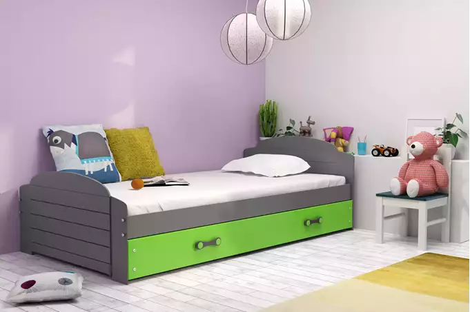 LILI vienvietīga jauniešu gulta 90x200 ar atvilktni, grafīta/zaļa — изображение 2
