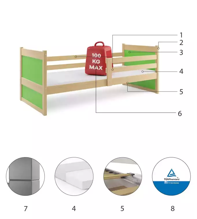 RICO vienvietīgā gulta jauniešiem 80x190, priede/zaļa — 6 attēls