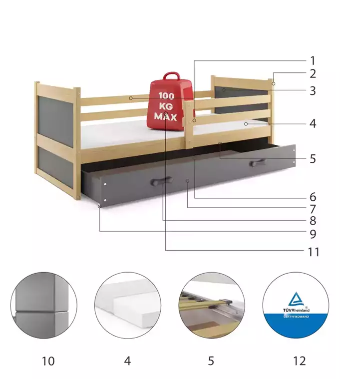 RICO vienvietīga jauniešu gulta 80x190 ar atvilktni, priede/grafīts — изображение 6