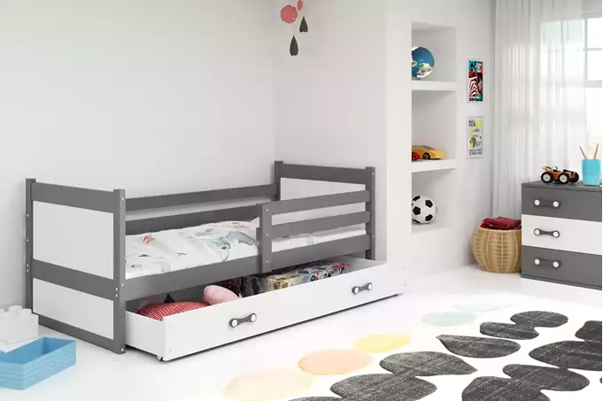 RICO vienvietīga jauniešu gulta 90x190 ar matraci un atvilktni, grafīta/balta — изображение 3